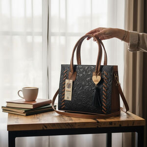 Black & Cognac Brown Sunflower Stitch Embossed Tooled Artisan LEATHER Bag Purse